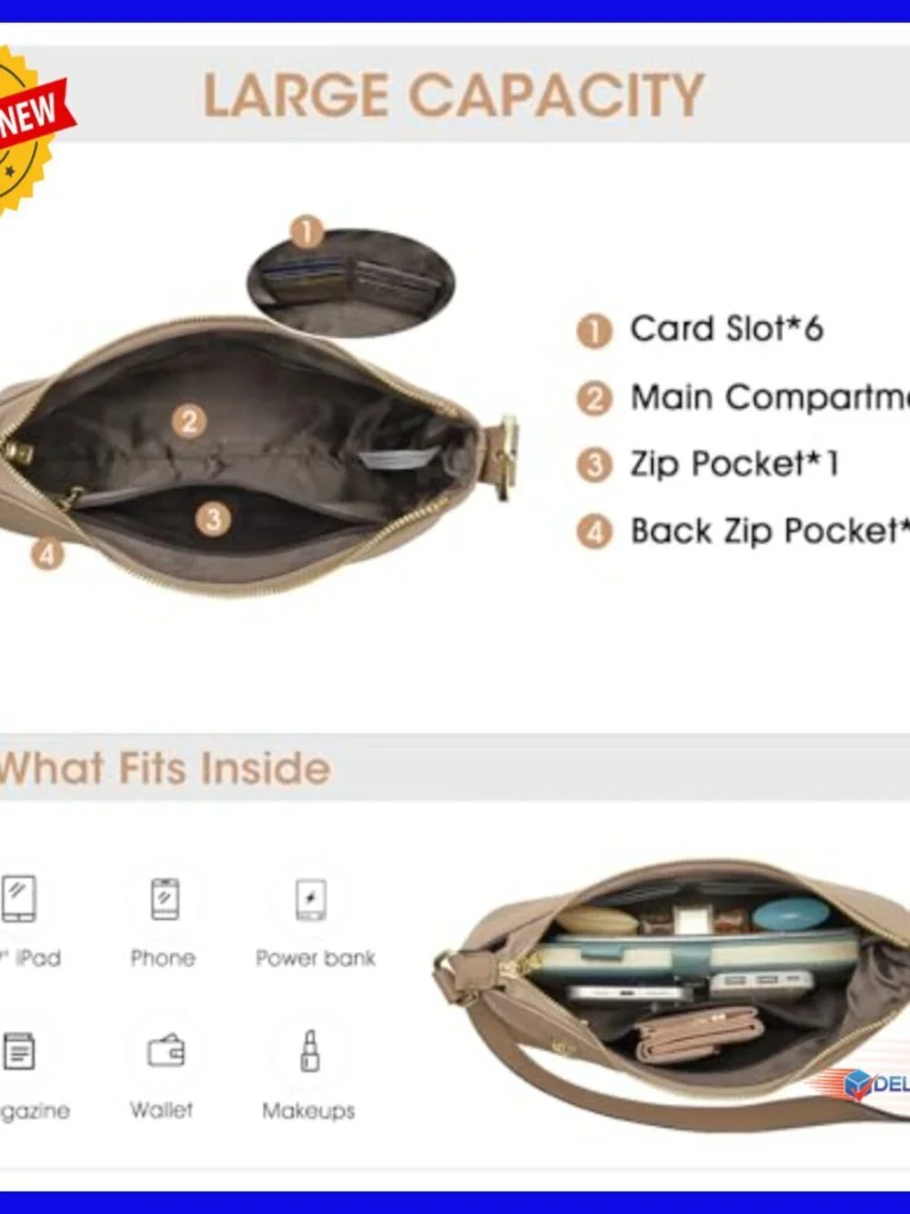 Leather Hobo Shoulder Bag with Card Pockets, Adjustable Strap, Tote